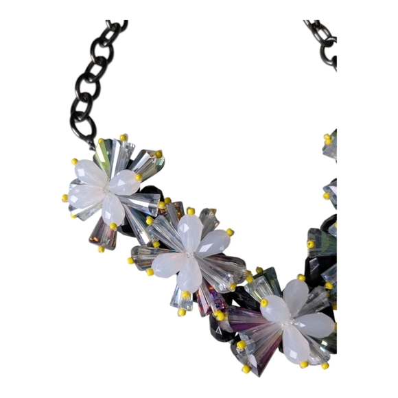 Statement Floral Necklace – Black & Crystal Beaded Flowers Metal Chain - Picture 2 of 5